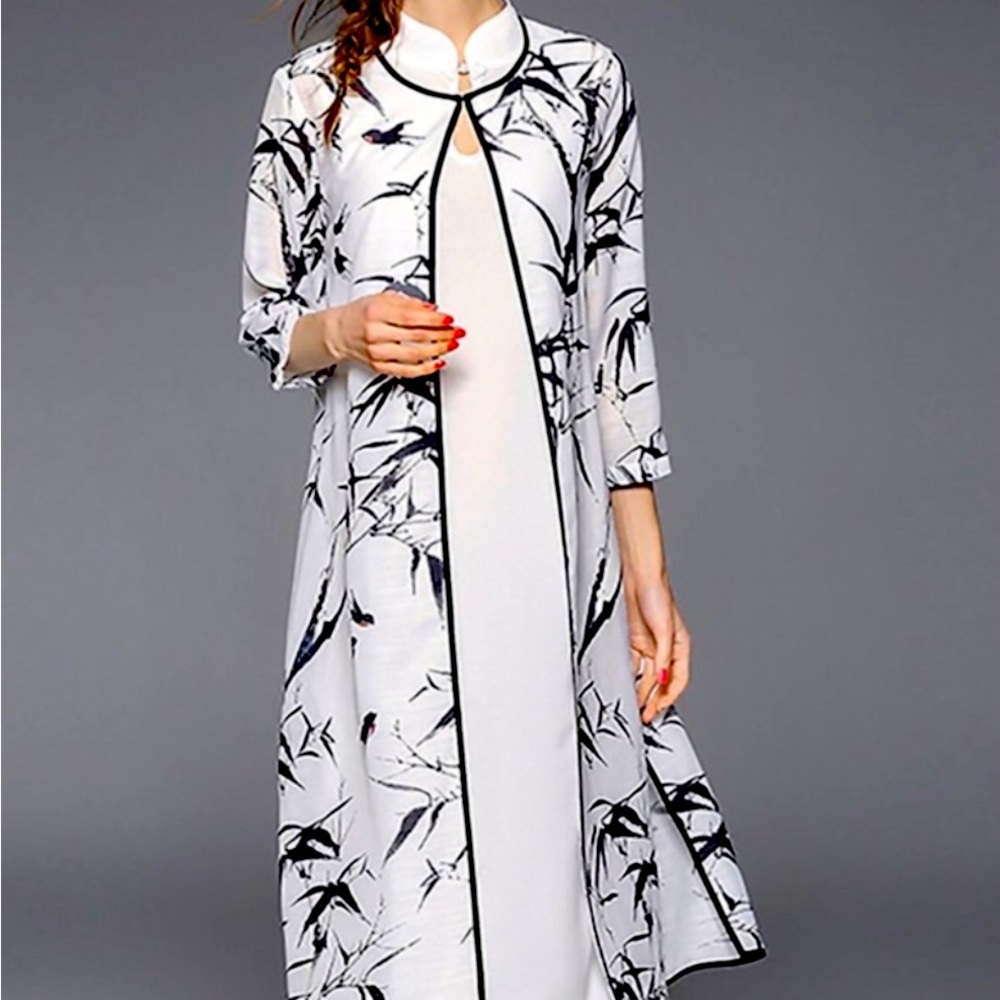 Neiman Marcus Veinfuns Two Piece Asian Bamboo Midi Dress Size L NWT